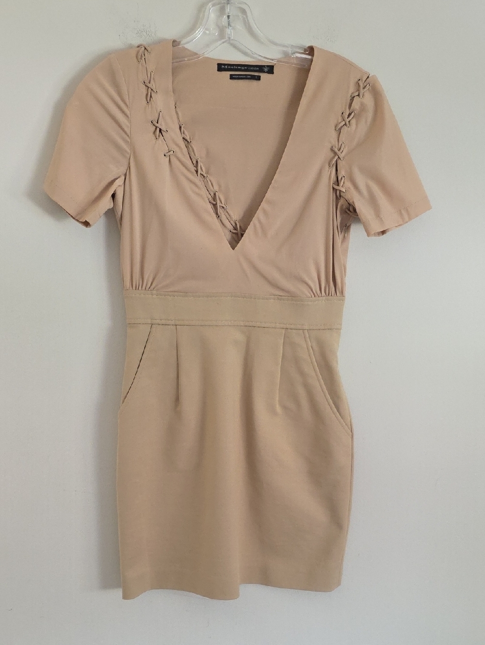MACKAGE | short dress plunging neckline with lace-up details Tan Sz 2